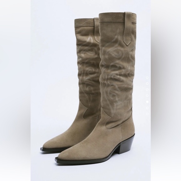 NEW! Zara Sand Beige Suede Leather Embroidered Cowboy Boots Size 11 - Picture 1 of 9